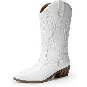 Women's White-pu Mid Calf Western Embroidery Stitched Faux Leather Cowgirl Boots